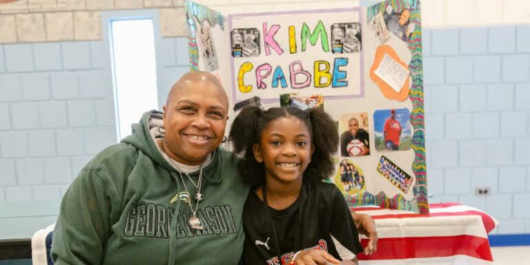 Soccer star Kim Crabbe visits Pine Valley Elementary student portraying her for school project