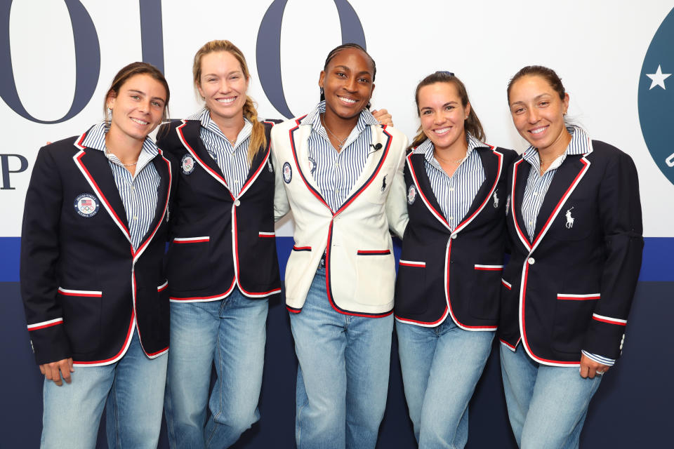 PARIS, FRANCE - JULY 23: U.S. Olympians Emma Navarro, Danielle Collins, Coco Gauff, Desirae Krajczyk and Jessica Pegula celebrate the announcement of Coco Gauff as the US Flag Bearer at the Team USA Welcome Experience ahead of Paris 2024 on July 23, 2024 in Paris, France.  (Photo by Joe Scarnici/Getty Images for USOPC)