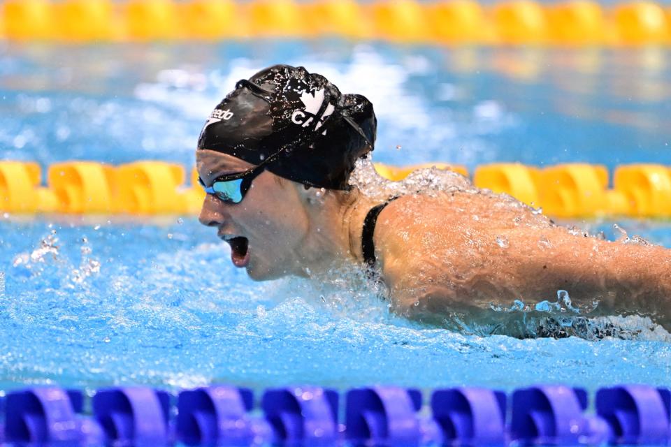 (FILES) Canada's Summer Mcintosh competes in the final of the women's 200m butterfly swimming event during the World Aquatics Championships in Fukuoka on July 27, 2023. Canadian prodigy Summer McIntosh, expected to be one of the stars of the Paris Olympics, has already made her mark in swimming, and nobody in her family or entourage is surprised. (Photo by MANAN VATSYAYANA / AFP) (Photo by MANAN VATSYAYANA/AFP via Getty Images) ORIG FILE ID: 2161022038