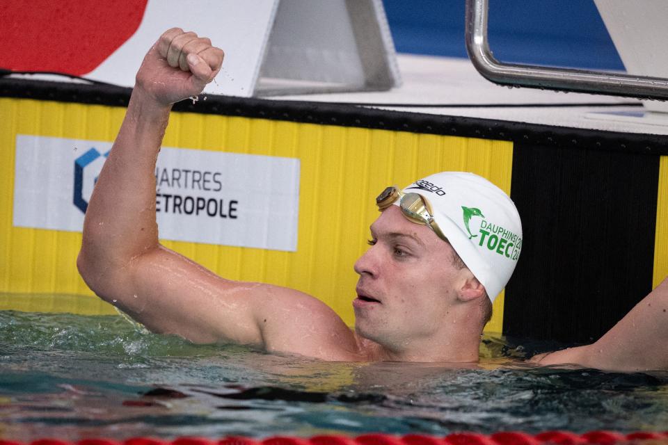 France's Leon Marchand reacts at the end of the men's 200m breaststroke final during the French swimming championships in Chartres, central France, on June 19, 2024, ahead of the Paris 2024 Olympic Games. (Photo by SEBASTIEN BOZON / AFP) (Photo by SEBASTIEN BOZON/AFP via Getty Images) ORIG FILE ID: 2157733471