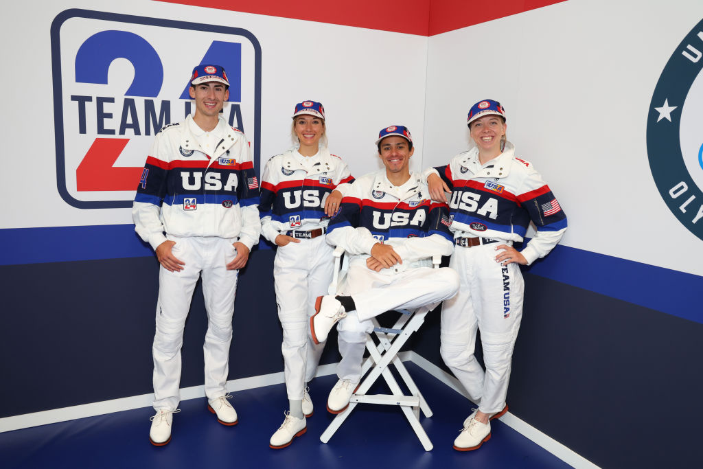 Riley Amos (left) and Christopher Blevins are part of Team USA's mountain bike team with women Savilia Blunk (second left) and Haley Batten (right)