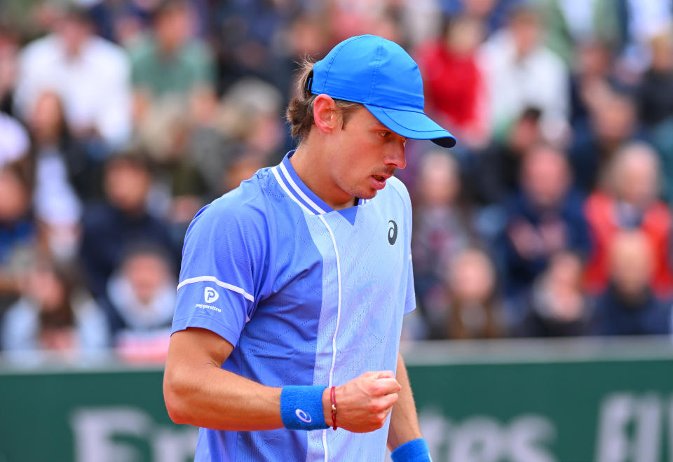 PARIS, FRANCE - JUNE 01: Alex De Minaur of Australia celebrates a point against Jan-Lennard Struff of Germany in the Men's Singles third round match during Day Seven of the 2024 French Open at Roland Garros on June 01, 2024 in Paris, France. (Photo by Clive Mason/Getty Images)