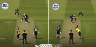 Glamorgan's Ben Kellaway takes two wickets in his first time bowling with both hands against Surrey in the One Day Cup thumb: screengrabs from clip