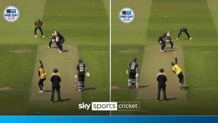 Glamorgan's Ben Kellaway takes two wickets in his first time bowling with both hands against Surrey in the One Day Cup thumb: screengrabs from clip