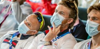 Kristian Blummenfelt and coach Olav Aleksander Bu at Olympic Games Triathlon Mens Briefing Paris 2024 photo credit World Triathlon