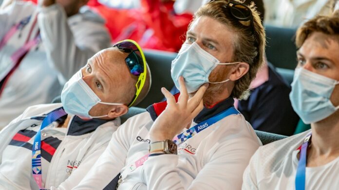 Kristian Blummenfelt and coach Olav Aleksander Bu at Olympic Games Triathlon Mens Briefing Paris 2024 photo credit World Triathlon