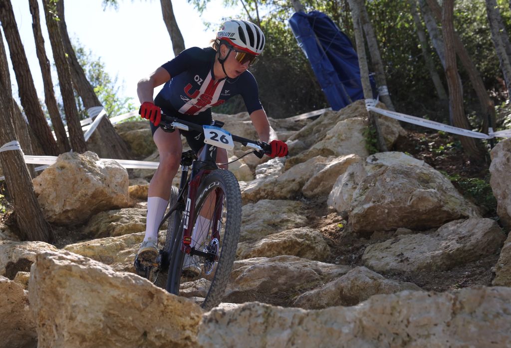 USA Haley Batten competes in the womenâs Elite Cross Country mountain biking test event, at Elancourt Hill, in Elancourt, west of Paris, on September 24, 2023. (Photo by Thomas SAMSON / AFP)