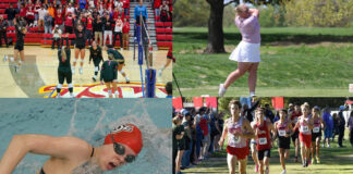 (Clockwise from top left) UMSL volleyball team celebrating at NCAA Regional; women