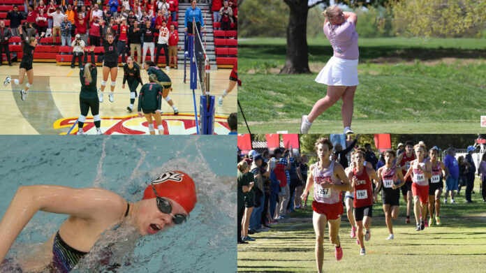 (Clockwise from top left) UMSL volleyball team celebrating at NCAA Regional; women