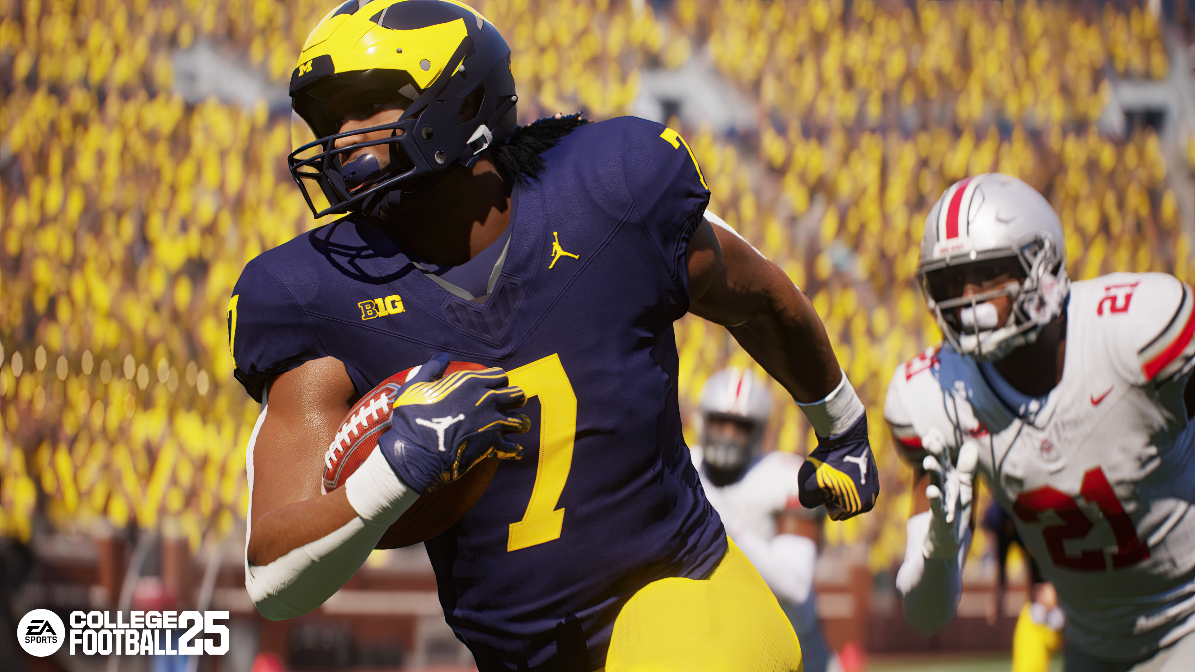 A Michigan player with the football running as seen in EA's College Football 25