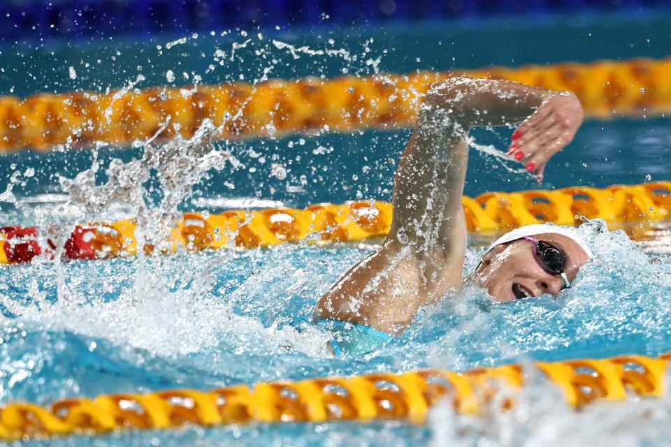 Australia's Ariarne Titmus competes in the women's 800m freestyle final during the Australian Swimming Trials at the Brisbane Aquatic Centre on June 13, 2024. (Photo by DAVID GRAY / AFP) / -- IMAGE RESTRICTED TO EDITORIAL USE - STRICTLY NO COMMERCIAL USE -- (Photo by DAVID GRAY/AFP /AFP via Getty Images) ORIG FILE ID: 2156747321