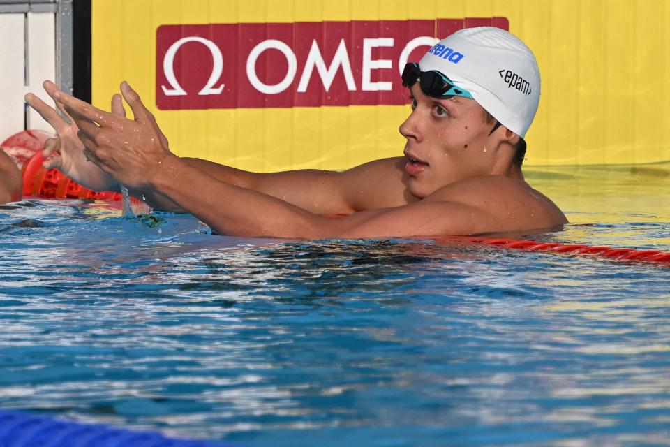 Romania's David Popovici reacts after placing first in the Swimming Men's 200m Freestyle Final during the LEN European Aquatics Championships, at the Milan Gale Muskatirovic sports centre in Belgrade, on June 21, 2024. (Photo by ANDREJ ISAKOVIC / AFP) (Photo by ANDREJ ISAKOVIC/AFP via Getty Images) ORIG FILE ID: 2158018020