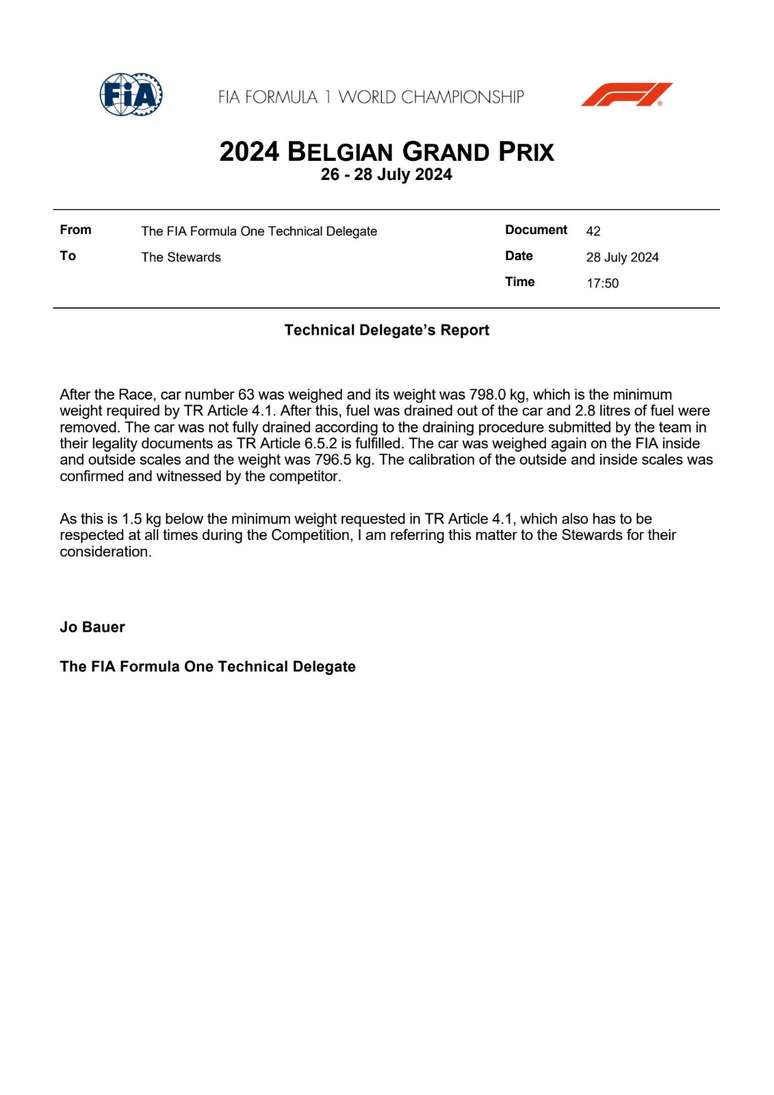 Documento emitido pelo Comissário Técnico reportando o fato do carro de Russell estar abaixo do peso