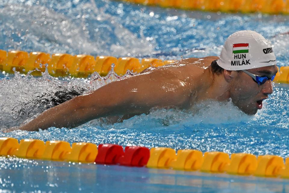 Hungary's Kristof Milak competes in the Swimming Men's 200m Butterfly Final during the LEN European Aquatics Championships, at the Milan Gale Muskatirovic sports centre in Belgrade, on June 22, 2024. (Photo by ANDREJ ISAKOVIC / AFP) (Photo by ANDREJ ISAKOVIC/AFP via Getty Images) ORIG FILE ID: 2158174470