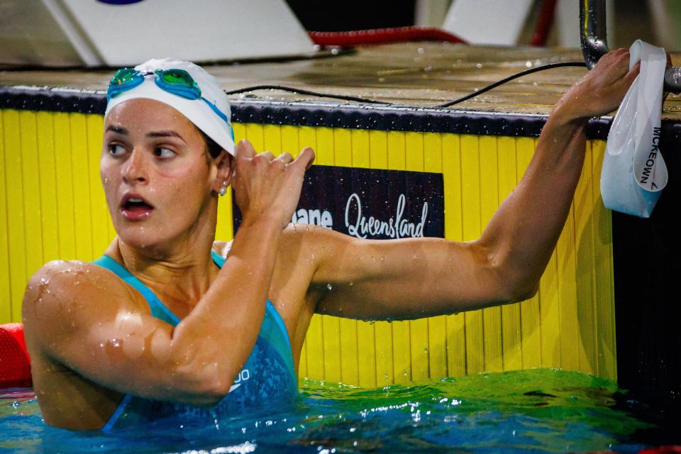 Australia's Kaylee McKeown reacts following the women's 200m backstroke final during the Australian Swimming Trials at the Brisbane Aquatic Centre on June 13, 2024. (Photo by Patrick HAMILTON / AFP) / -- IMAGE RESTRICTED TO EDITORIAL USE - STRICTLY NO COMMERCIAL USE -- (Photo by PATRICK HAMILTON/AFP /AFP via Getty Images) ORIG FILE ID: 2156738972