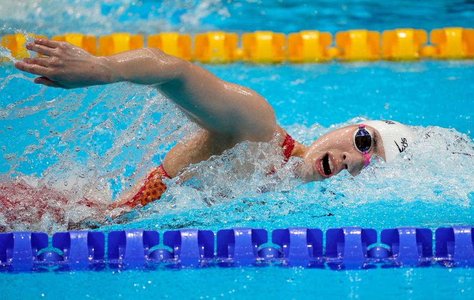 Jul 29, 2021; Tokyo, Japan; Zhang Yufei (CHN) in the women's 4x200m freestyle relay final during the Tokyo 2020 Olympic Summer Games at Tokyo Aquatics Centre. Mandatory Credit: Rob Schumacher-USA TODAY Sports ORG XMIT: OLY-455668 ORIG FILE ID: 20210729_jla_usa_206.jpg