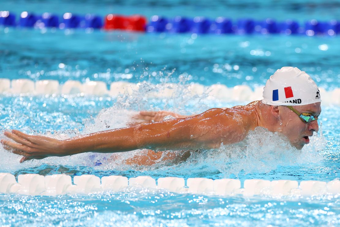 PARIS, FRANCE - JULY 24: Leon Marchand of Team France trains during a Swimming training session ahead of Paris 2024 Olympic Games at Paris La Defense Arena on July 24, 2024 in Paris, France. (Photo by Sarah Stier/Getty Images)