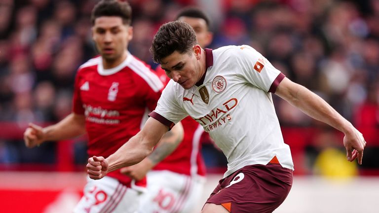 Julian Alvarez fires a shot on goal against Nottingham Forest