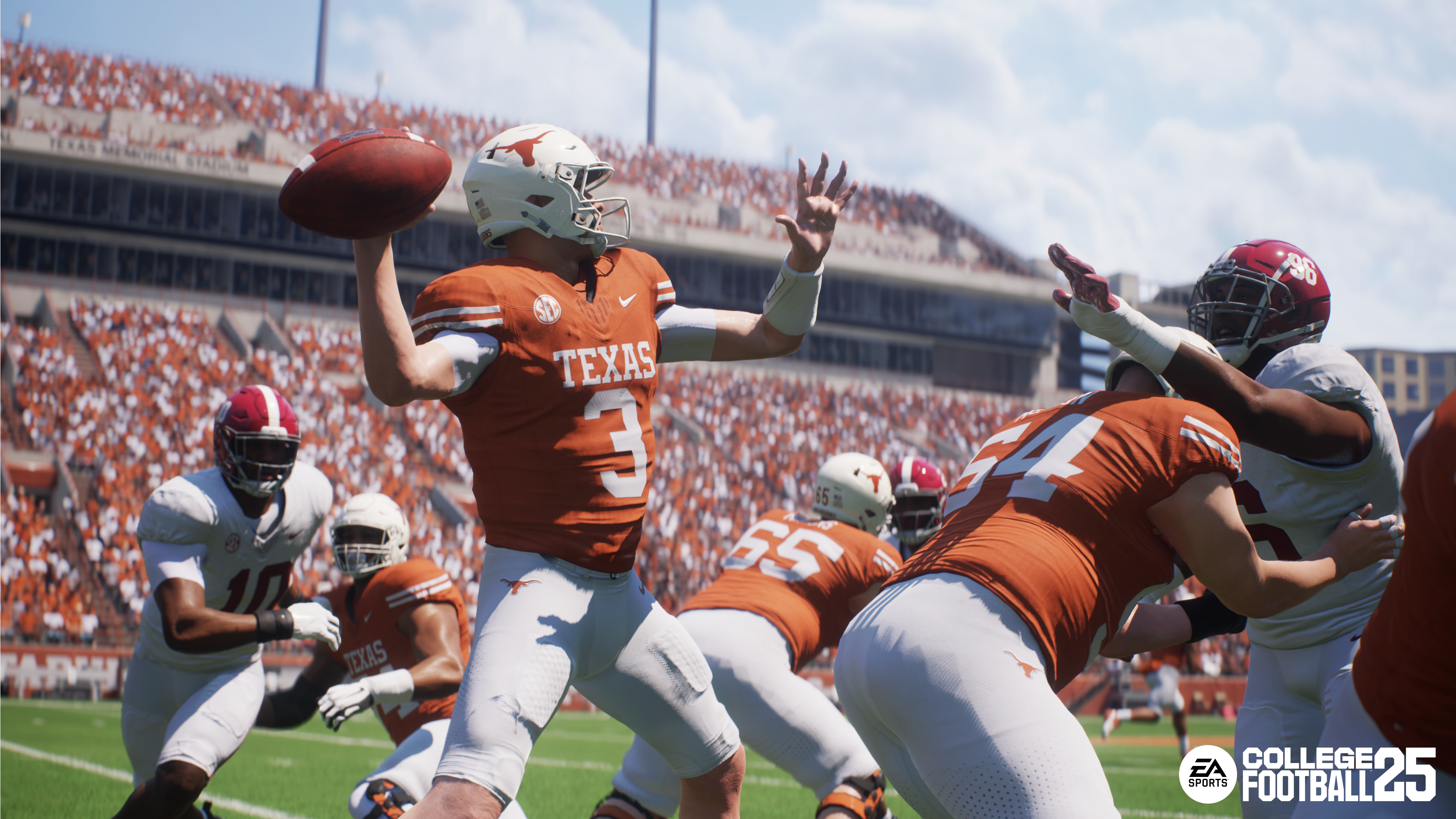 A Texas Longhorn QB prepares to throw the football as seen in EA's College Football 25