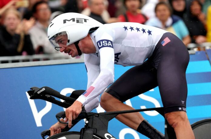 PARIS FRANCE JULY 27 Brandon McNulty of Team United States competes during the Mens Individual Time Trial on day one of the Olympic Games Paris 2024 at Pont Alexandre III on July 27 2024 in Paris France Photo by Tim de WaeleGetty Images