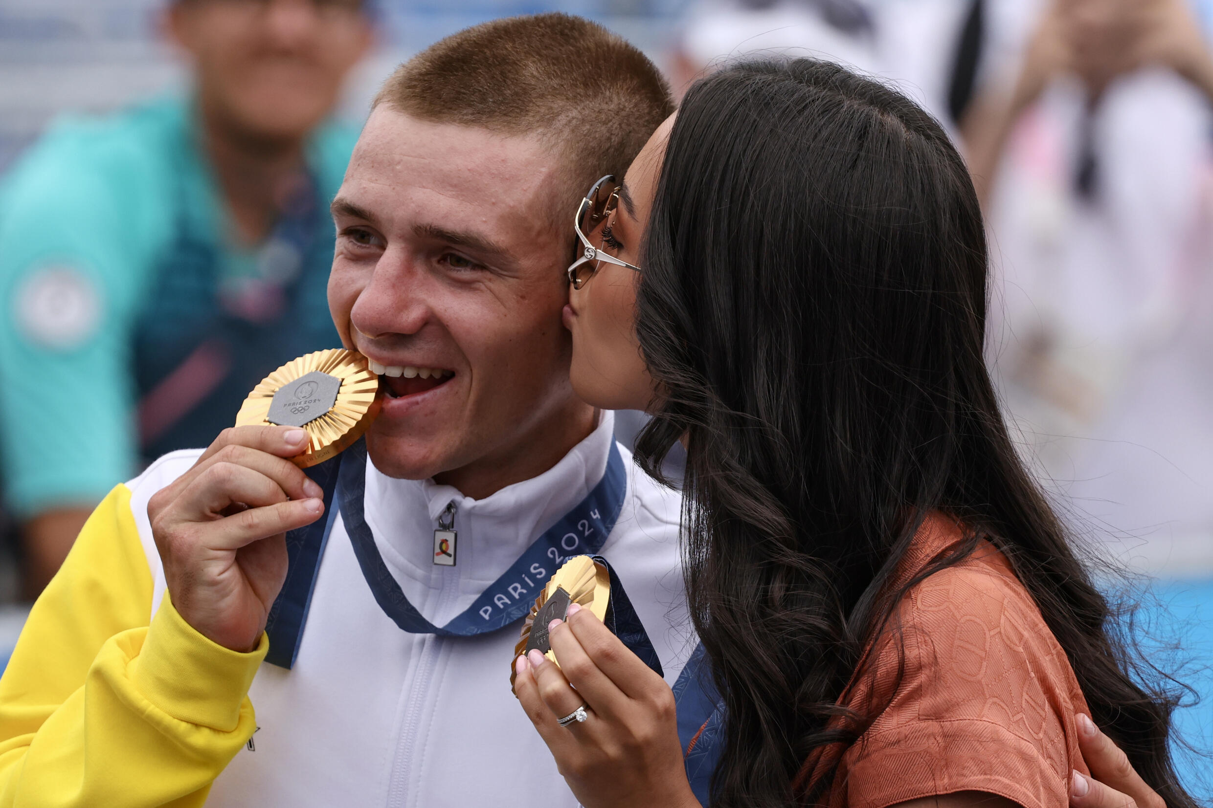 Evenepoel celebtares with his wife Oumaima Rayane