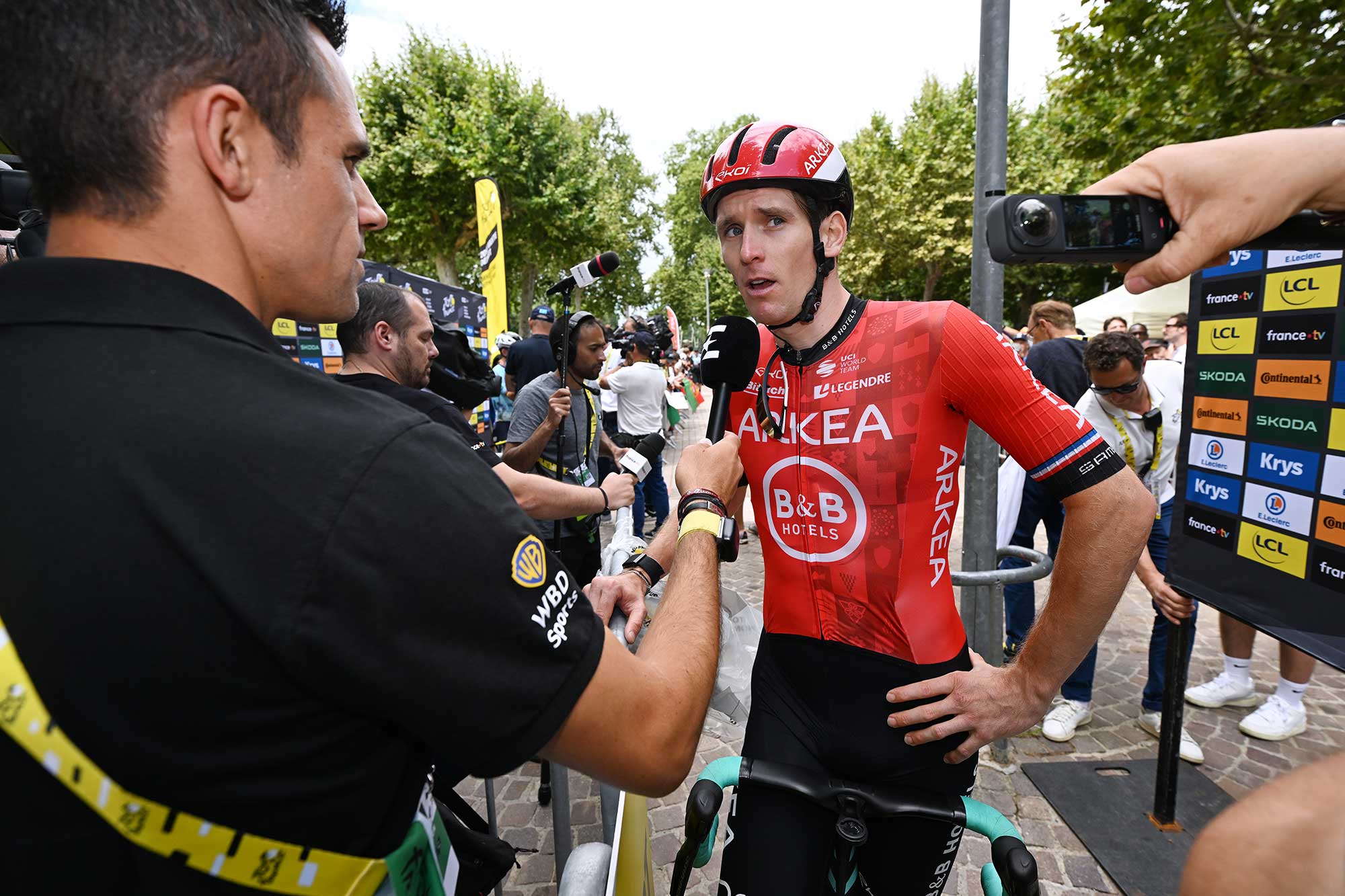 AGEN FRANCE JULY 12 Arnaud Demare of France and Team Arkea BB Hotels meets the media press at start prior to the 111th Tour de France 2024 Stage 13 a 1653km stage from Agen to Pau UCIWT on July 12 2024 in Agen France Photo by Tim de WaeleGetty Images