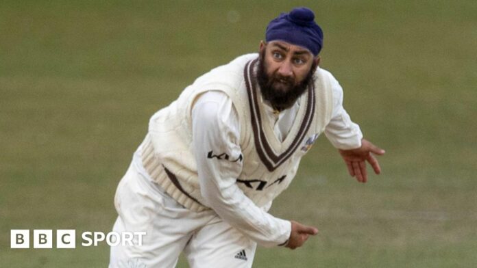 Amar Virdi bowling for Surrey