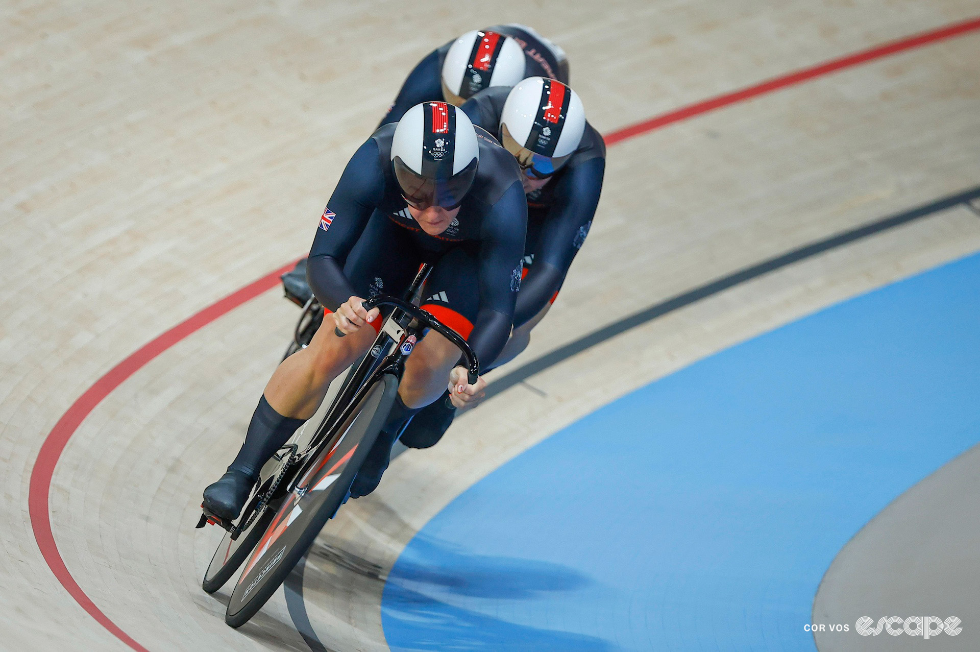 The Great Britain women's team sprint squad on their way to Olympic gold in Paris.