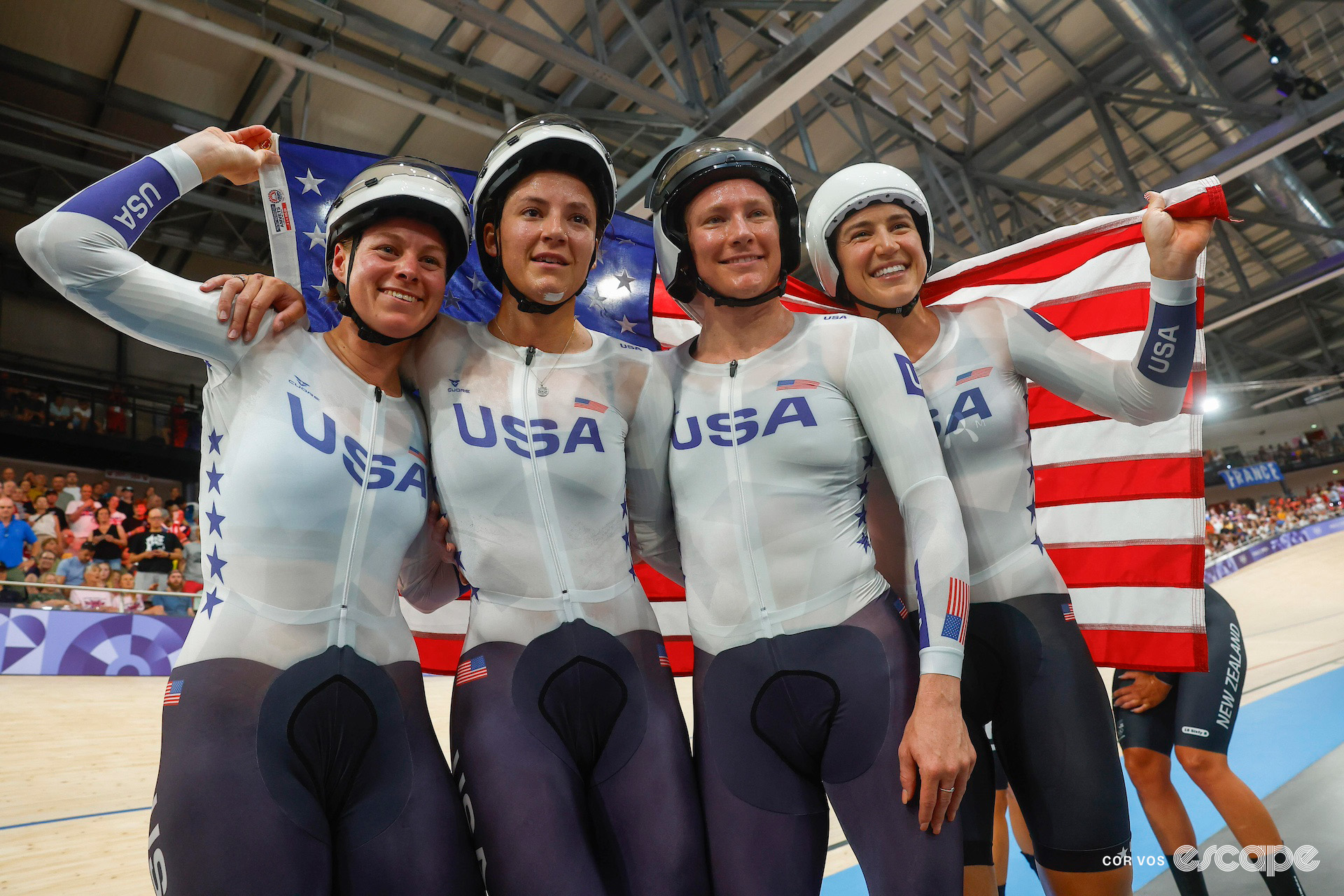 The USA women's team pursuit quartet celebrate victory at the 2024 Paris Olympics.