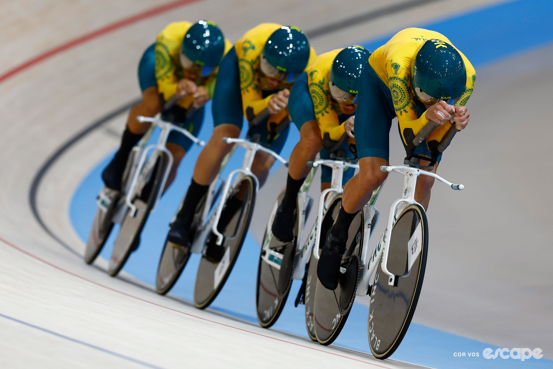 The Australian men's team pursuit squad in tight formation during the finals at the 2024 Paris Olympics.