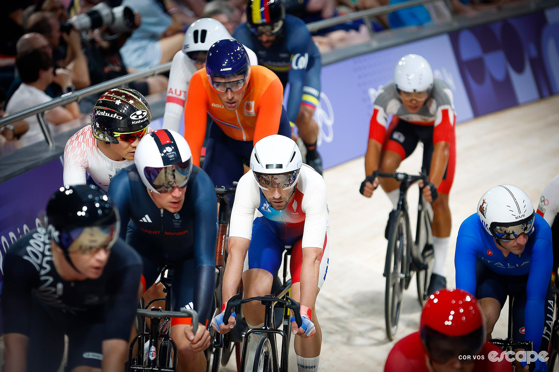 Benjamin Thomas of France in the middle of the pack during the men's omnium at the 2024 Paris Olympics.