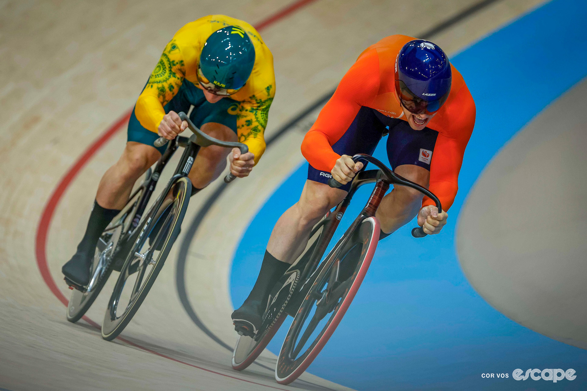 Harrie Lavreysen lifts the pace ahead of Matthew Richardson during the men's sprint finals at the 2024 Paris Olympics.