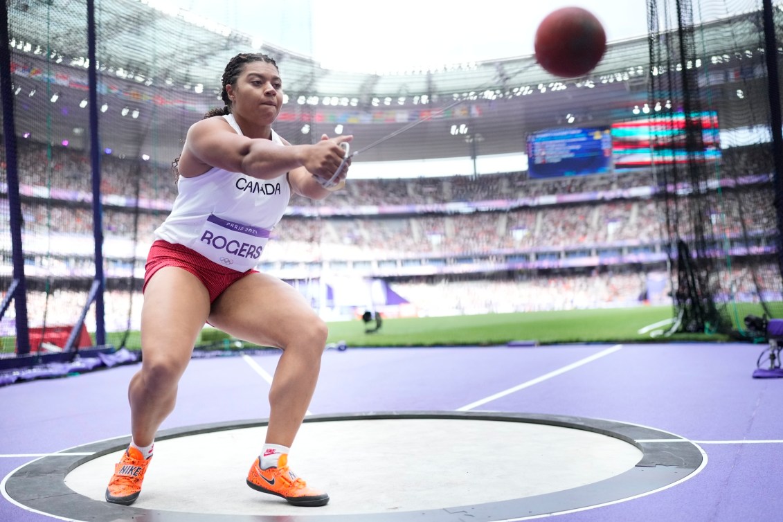 Camryn Rogers prepares to throw the hammer on Day 9 in Paris.