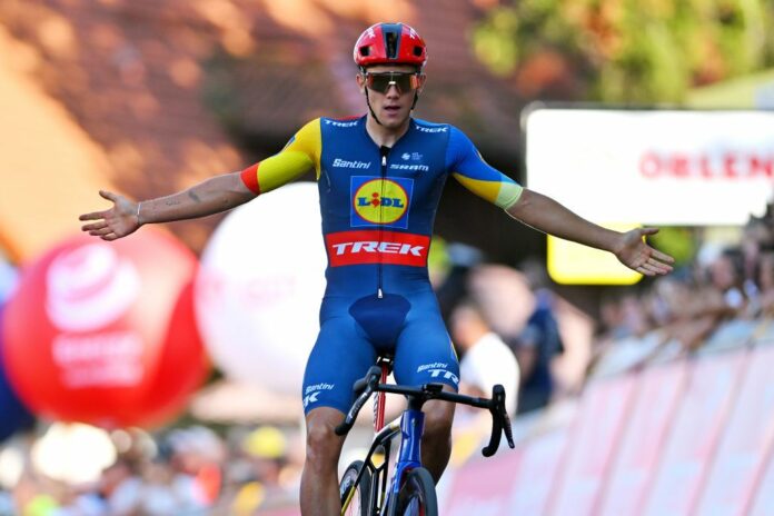 KARPACZ POLAND AUGUST 12 Thibau Nys of Belgium and Team LidlTrek celebrates at finish line as stage winner stage winner during the 81st Tour de Pologne Stage 1 a 1561km stage from Wroclaw to Karpacz 810m UCIWT on August 12 2024 in Karpacz Poland Photo by Luc ClaessenGetty Images