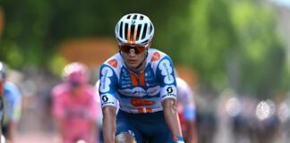 LUCCA, ITALY - MAY 08: Tobias Lund Andresen of Denmark and Team dsm-firmenich PostNL crosses the finish line during the 107th Giro d