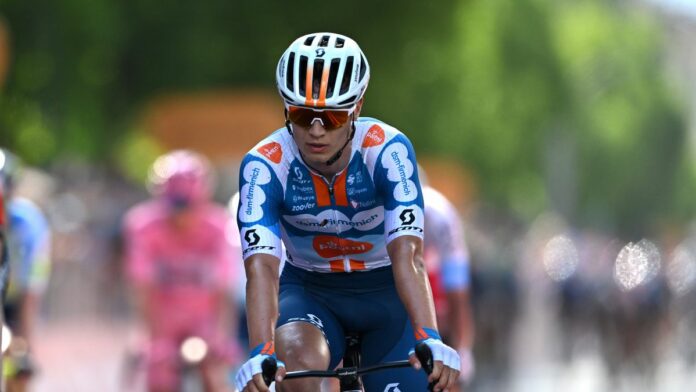 LUCCA, ITALY - MAY 08: Tobias Lund Andresen of Denmark and Team dsm-firmenich PostNL crosses the finish line during the 107th Giro d