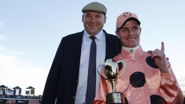 Peter Moody, trainer of Black Caviar and jockey Luke Nolen after winning the Roberts Sangster Stakes race on Schweppes Oaks Day at Morphettville Racecourse on April 28, 2012 in Adelaide, Australia. (Photo by Regi Varghese/Getty Images)