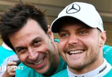 Mercedes team principal Toto Wolff and Valtteri Bottas