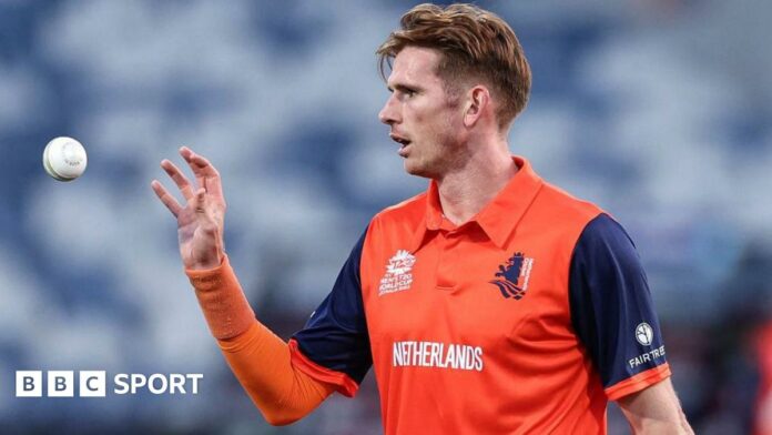 Fred Klaassen preparing to bowl for the Netherlands