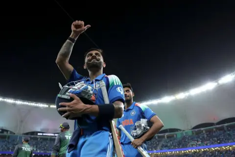 Getty Images Virat Kohli of India celebrates following the team's victory in the ICC Champions Trophy 2025 match between Pakistan and India at Dubai International Cricket Stadium on February 23, 2025 in Dubai, United Arab Emirates