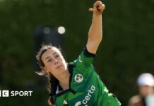 Aimee Maguire bowling for Ireland