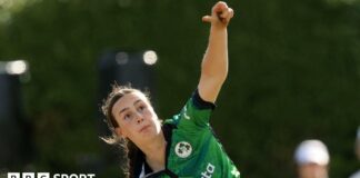 Aimee Maguire bowling for Ireland