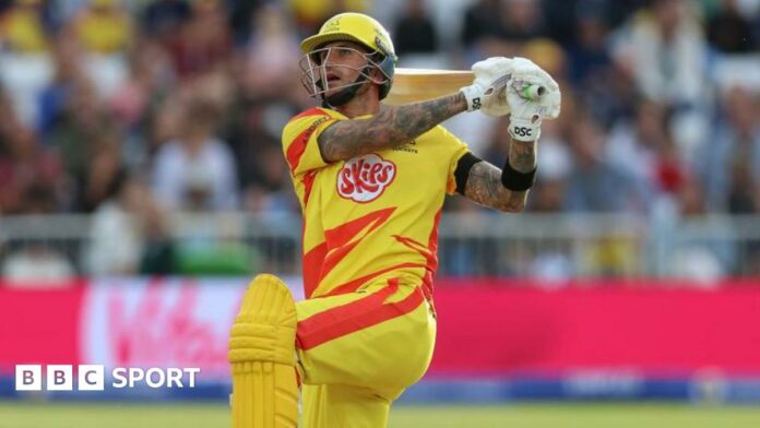 Alex Hales of Nottinghamshire sends the ball to the boundary