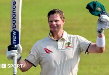 Australia's Steve Smith celebrates hitting a century against Sri Lanka in the second Test in Galle