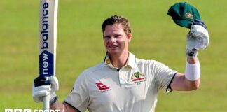 Australia's Steve Smith celebrates hitting a century against Sri Lanka in the second Test in Galle