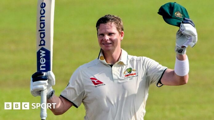 Australia's Steve Smith celebrates hitting a century against Sri Lanka in the second Test in Galle