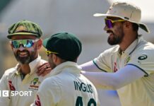 Australia's Nathan Lyon, Josh Inglis and Mitchell Starc celebrate wickets