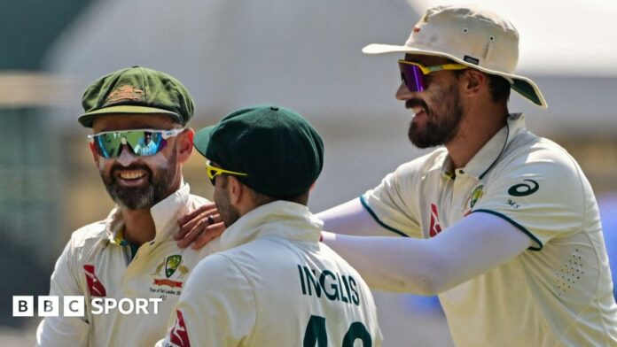 Australia's Nathan Lyon, Josh Inglis and Mitchell Starc celebrate wickets