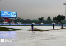 Rain covers on the pitch at Rawalpindi Cricket Stadium. 