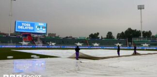 Rain covers on the pitch at Rawalpindi Cricket Stadium. 